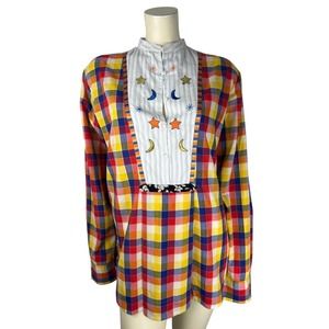 MONOKI Diane Goldstein Plaid Embroidered Tunic Moon Stars Art to Wear Colorful